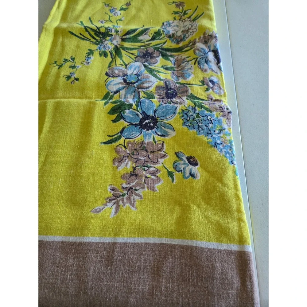 Vintage Yellow Linen Tablecloth Floral Print 49x52 Rectangle MCM Retro